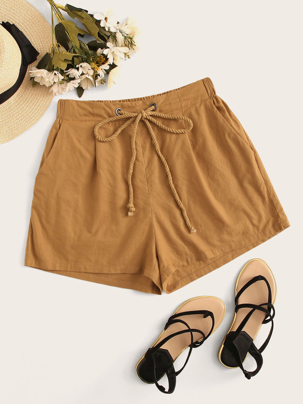 

Solid Drawstring Waist Slant Pocket Shorts, Camel