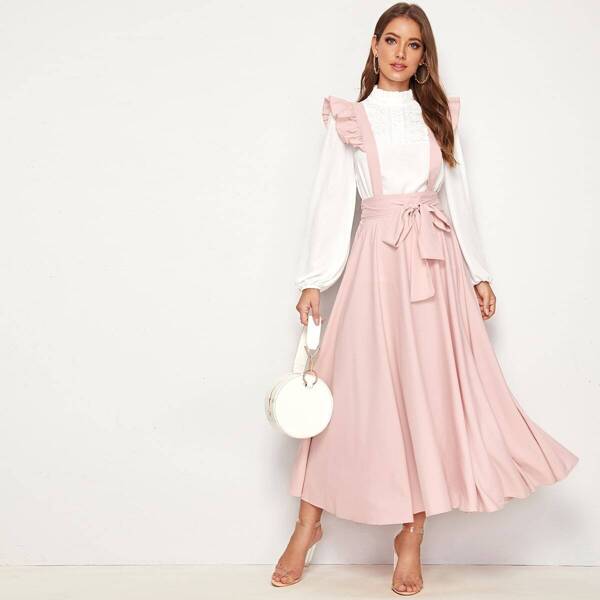 

Solid Ruffle Trim Belted Flare Pinafore Skirt, Pink pastel