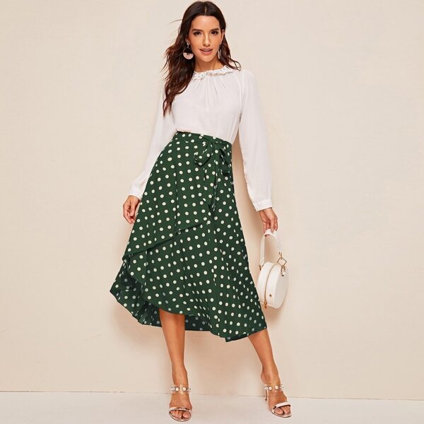 

Ruffle Hem Self Belted Polka Dot Wrap Skirt