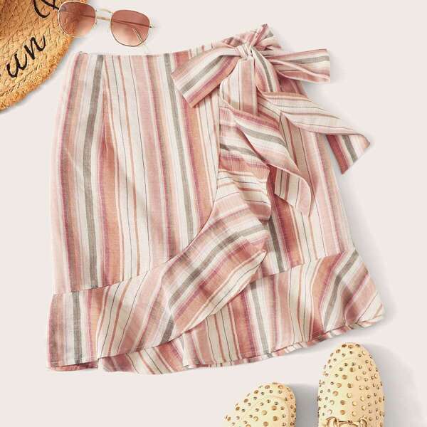 

Plus Striped Ruffle Hem Wrap Knotted Skirt, Multicolor