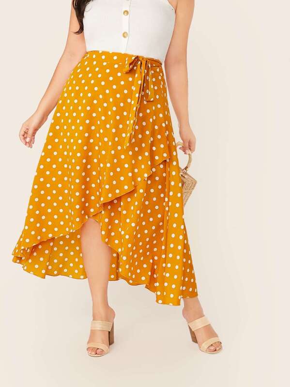 

Plus Polka Dot Wrap Knot Skirt, Yellow, Yumi