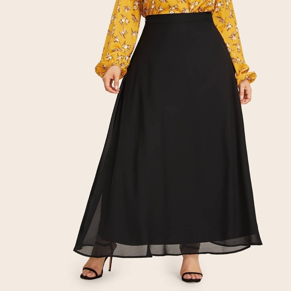 

Plus Solid High Waist Maxi Skirt, Black