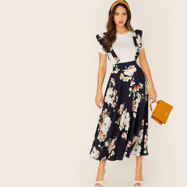 

Floral Print Tie Back Flare Skirt With Ruffle Strap, Navy
