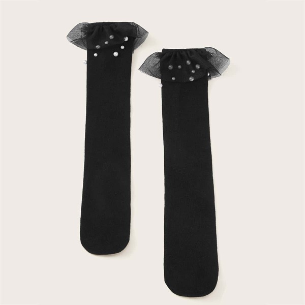 

Girls Faux Pearl Decor Mesh Trim Socks 1pair