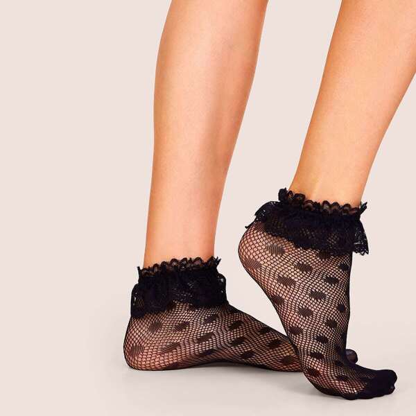 

Lace Trim Polka Dot Mesh Ankle Socks 1pair