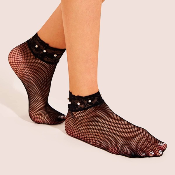 

Lace Trim Faux Pearl Decor Fishnet Ankle Socks 1pair