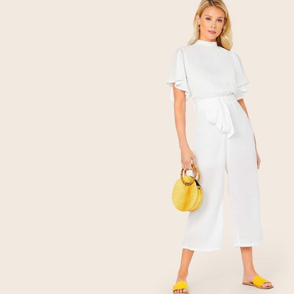 

Flutter Sleeve Tie Back Wide Leg Jumpsuit, White