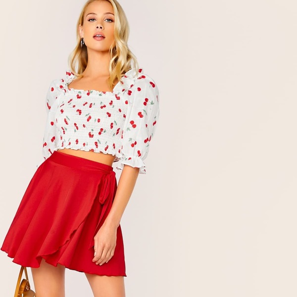 

Solid Wrap Tie Waist Skirt, Red bright
