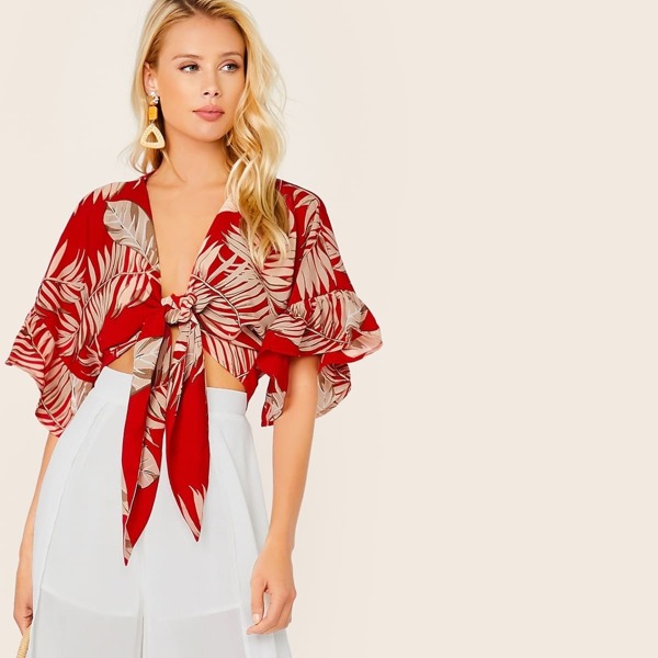 

Tropical Print Flounce Sleeve Tie Front Top