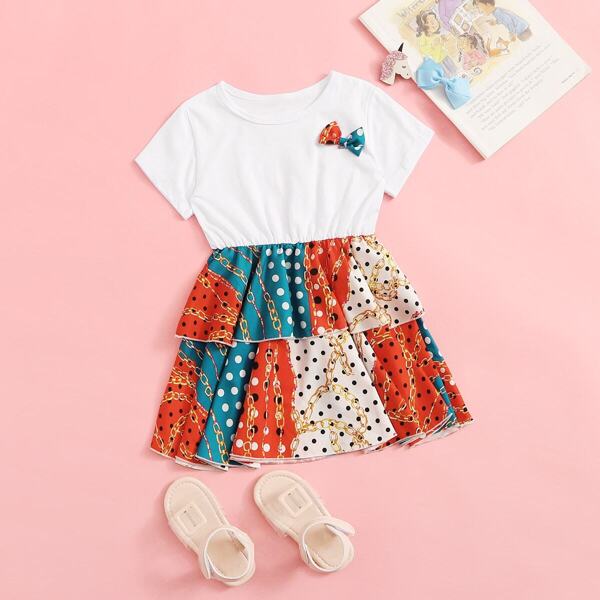 

Toddler Girls Chain & Polka Dot Print Bow Flare A-line Dress