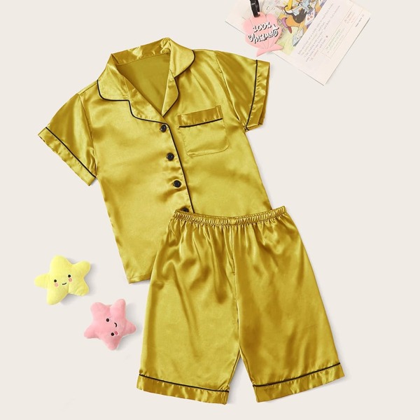 

Boys Contrast Binding Satin Shirt & Shorts PJ Set, Yellow