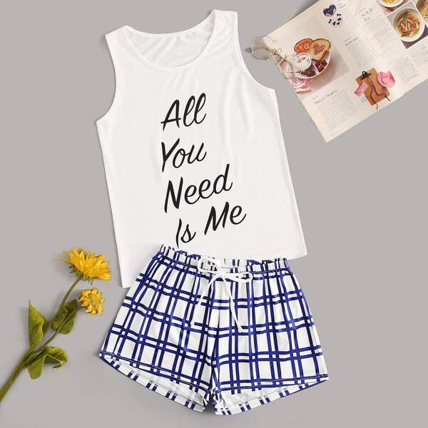 

Letter Print Top With Plaid Shorts PJ Set