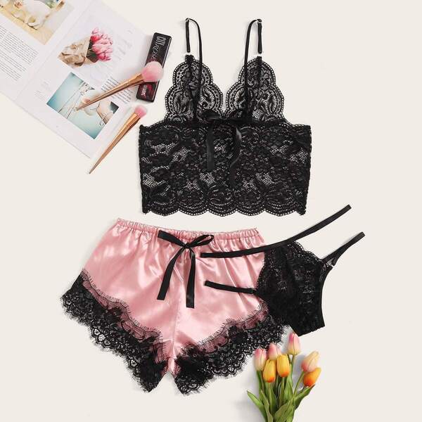

Floral Lace Bralette With Satin Shorts & Thong