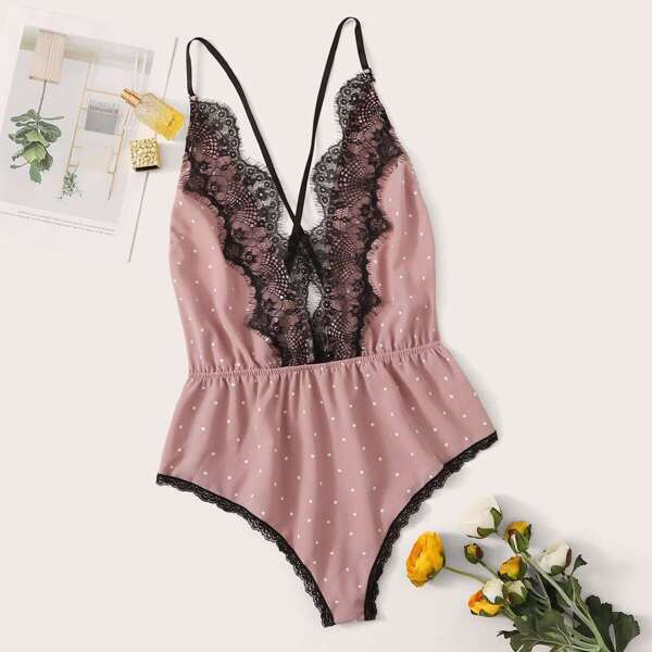 

Eyelash Lace Polka Dot Crisscross Teddy Bodysuit