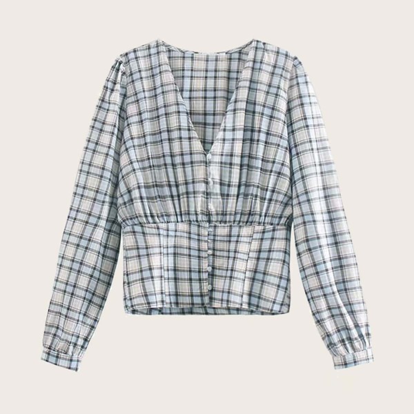 

Button Plaid V-neck Blouse