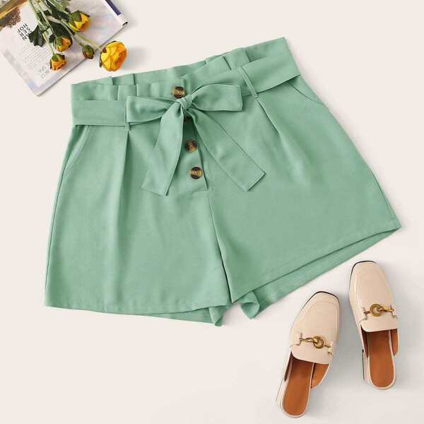 

Plus Button Self Tie Solid Shorts