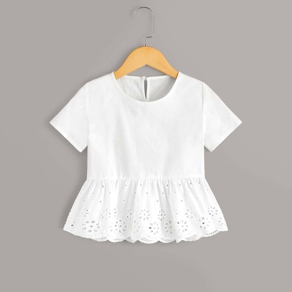 

Toddler Girls Eyelet Embroidery Keyhole Back Peplum Blouse, White
