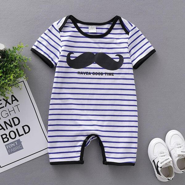 

Toddler Boys Mustache & Stripe Print Contrast Binding Romper