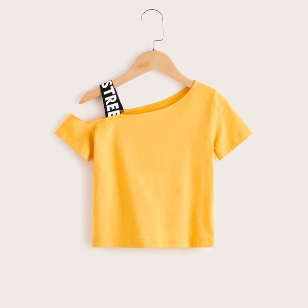 

Toddler Girls Letter Tape Asymmetrical Neck Tee, Yellow