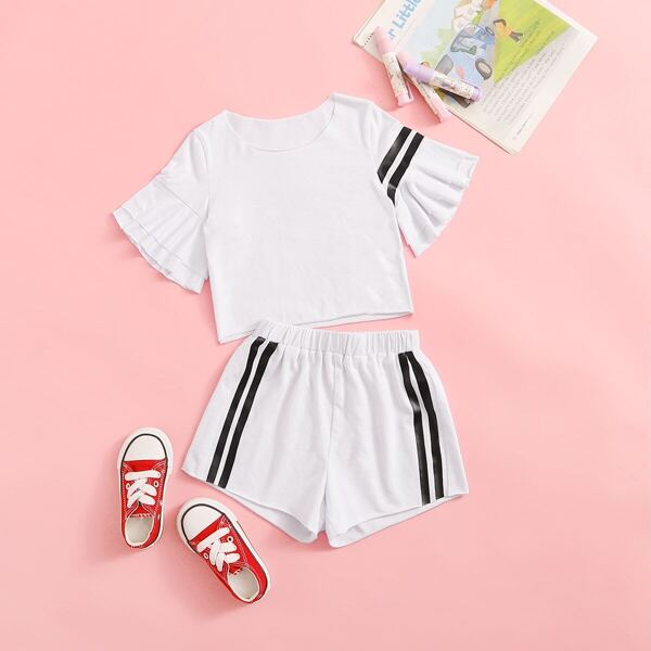 

Toddler Girls Stripe Print Flounce Sleeve Tee With Track Shorts, White