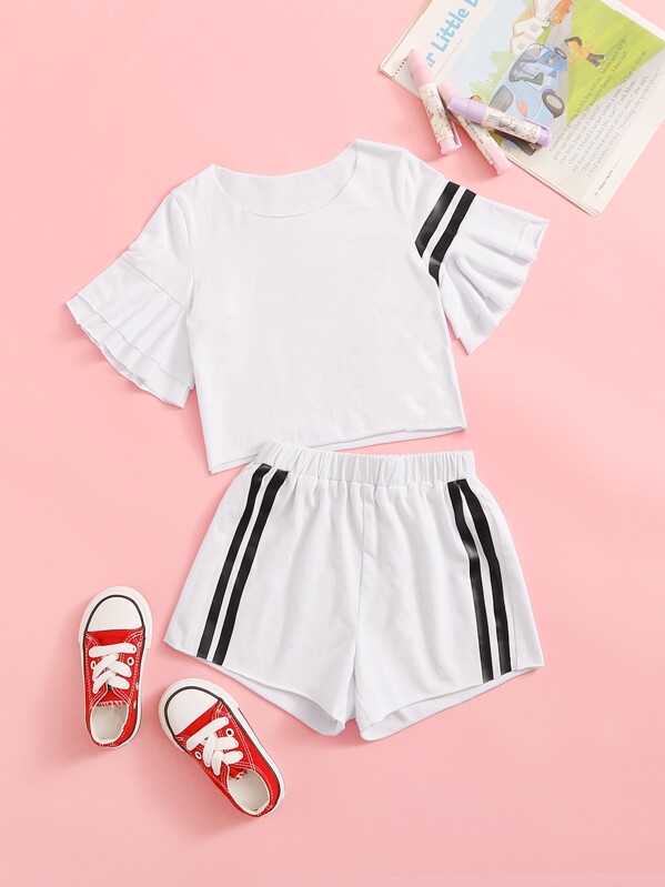 

Toddler Girls Stripe Print Flounce Sleeve Tee With Track Shorts, White