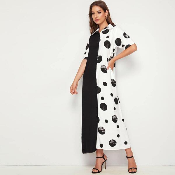 

Polka Dot Button Front Spliced Dress