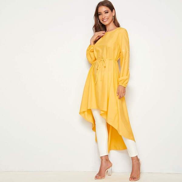 

Solid High Low Bishop Sleeve Belted Blouse