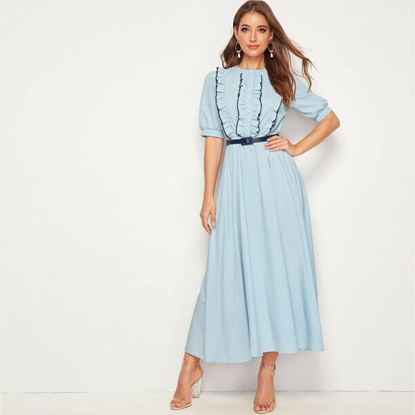 

Frill Trim Puff Sleeve Belted Dress, Blue
