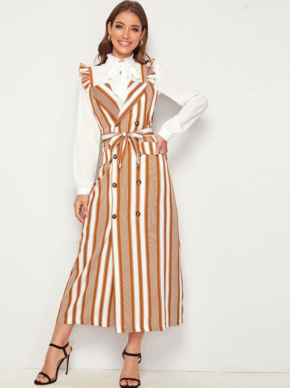 

Striped Double Button Belted Strap Dress, Multicolor, Debi Cruz