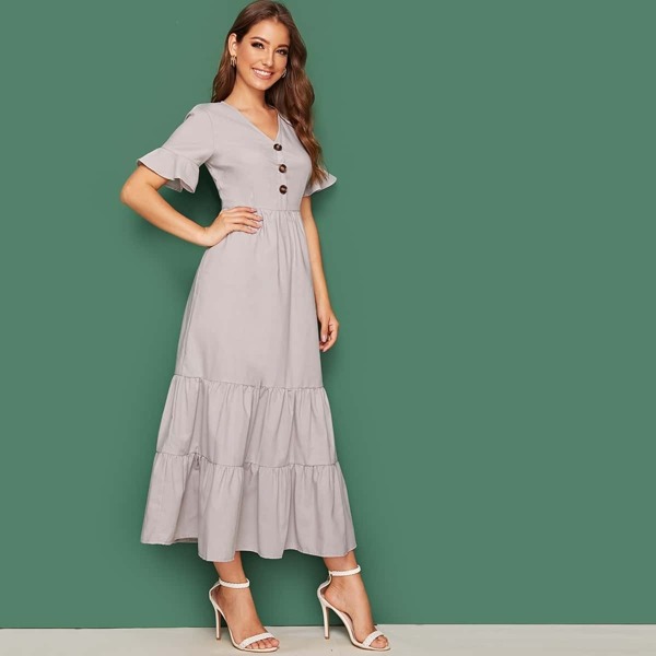 

Button Front Flounce Sleeve Ruffle Hem Dress