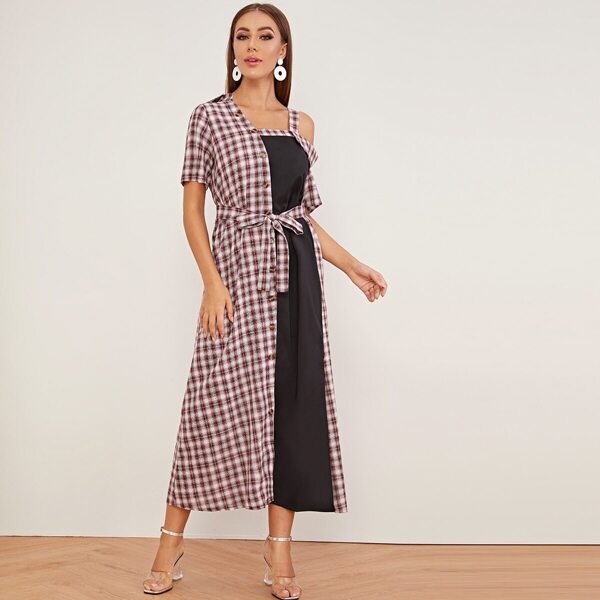 

Plaid Contrast Asymmetrical Neck Belted Dress