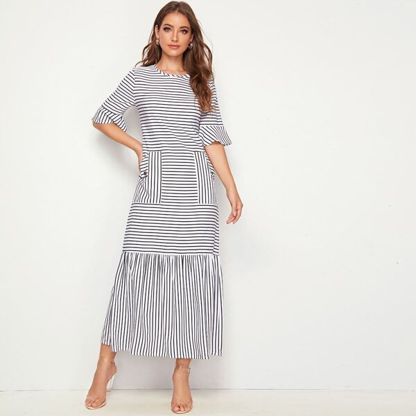 

Striped Dual Pocket Ruffle Hem Dress