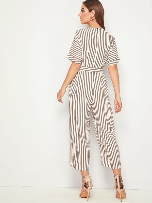 

Striped Tie Front V-neck Jumpsuit, Multicolor