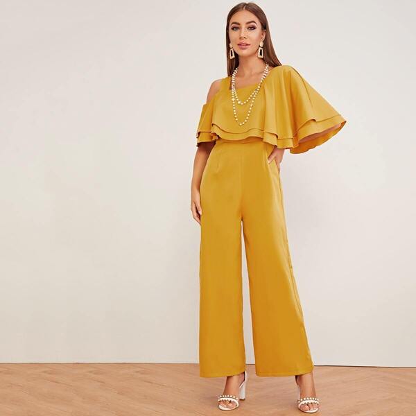 

Layered Ruffle Trim Asymmetrical Cold Shoulder Jumpsuit, Yellow