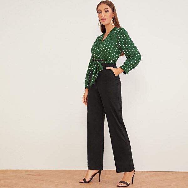 

Polka Dot Surplice Front Colorblock Belted Jumpsuit