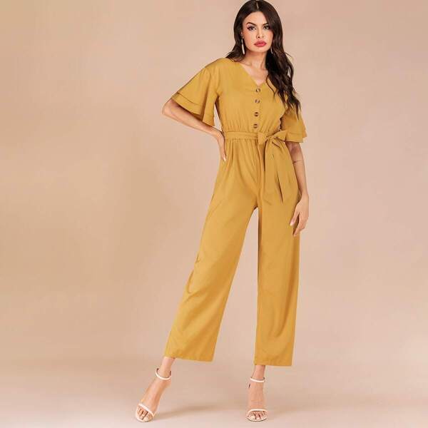 

Button Front Layered Sleeve Belted Jumpsuit