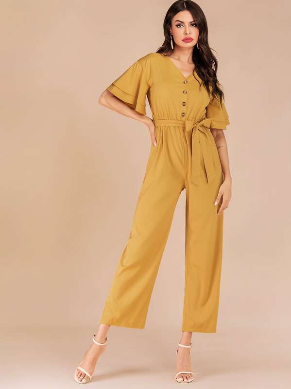 Button Front Layered Sleeve Belted Jumpsuit, Yellow, Andy