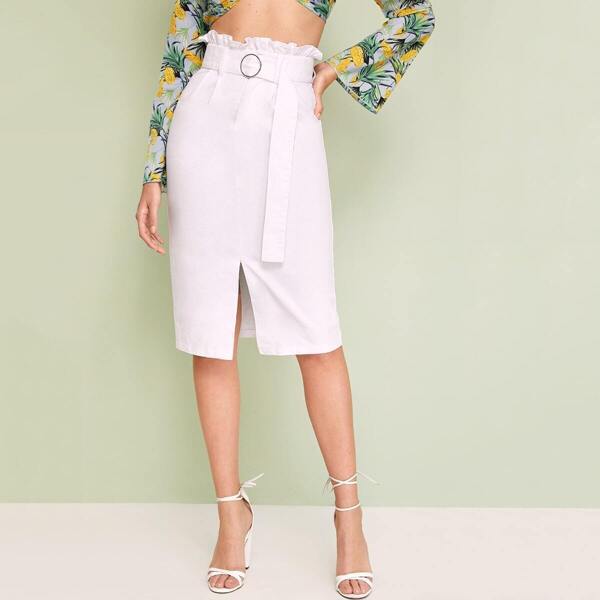 

Paperbag Waist Slit Front O-ring Belted Denim Skirt