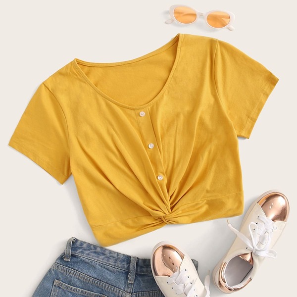 

Twist Front Button Detail Tee, Yellow