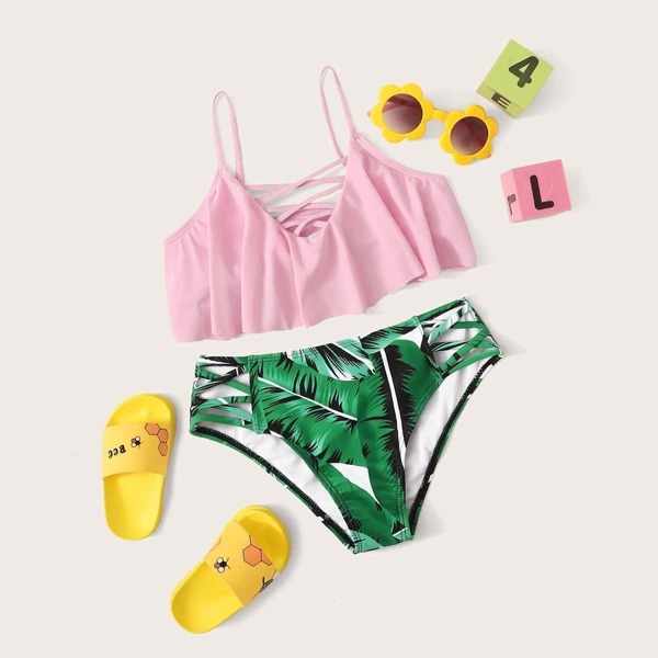 

Girls Criss Cross Floaty Top With Tropical Bikini