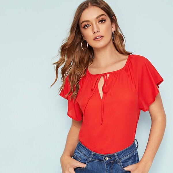 

Solid Butterfly Sleeve Tie Front Keyhole Top