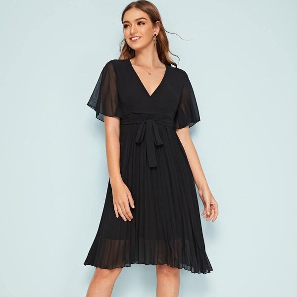 

Solid Pleated Detail Belted Dress