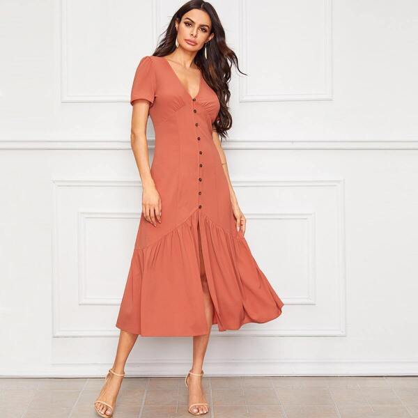 

Ruffle Split Hem Button Detail Tie Back Dress