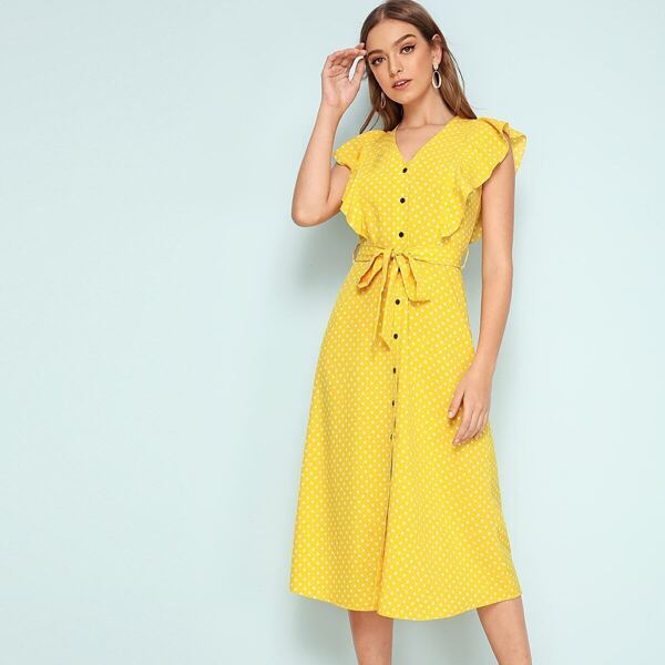 

Polka-dot Ruffle Trim Button Through Belted Dress