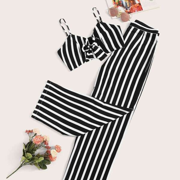 

Knot Front Crop Cami & Striped Palazzo Pants Set, Black and white