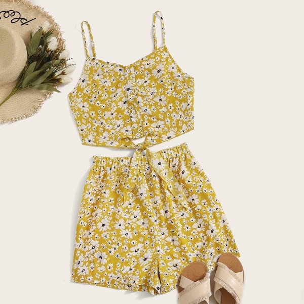 

Ditsy Floral Button Tie Front Cami Top & Shorts Set, Yellow