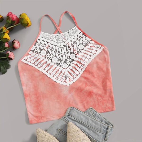 

Guipure Lace Yoke Crisscross Back Tie Dye Top