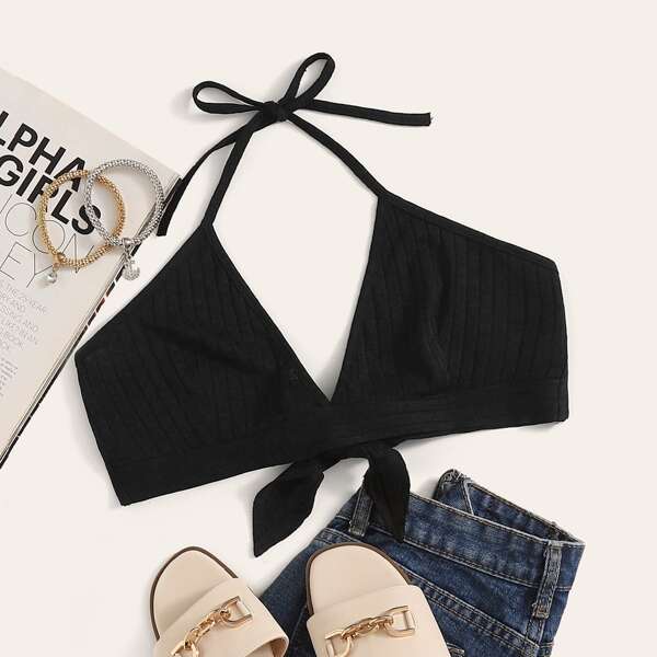 

Solid Tie Back Halter Crop Top