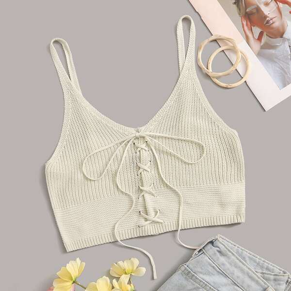 

Solid Lace Up Detail Crochet Crop Cami Top