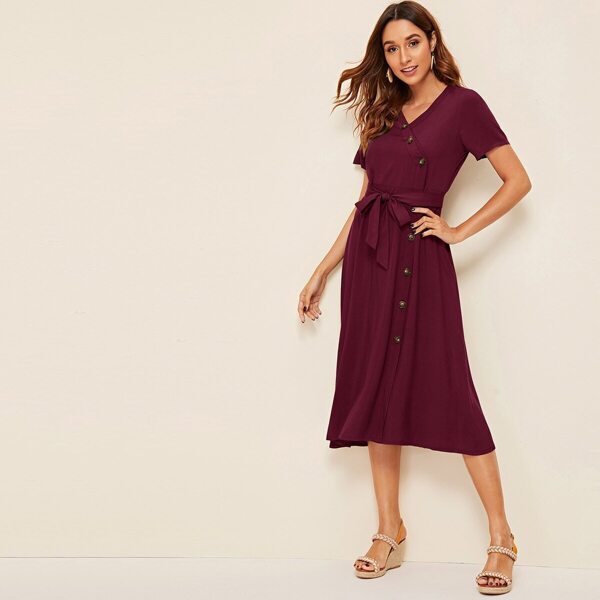 

Button Front Belted Shirt Dress